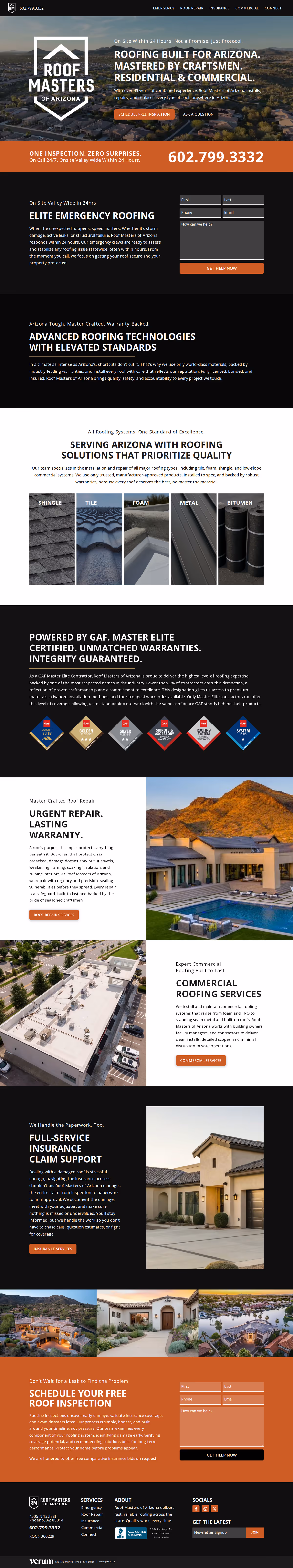 Full page design of the Roof Masters of Arizona website